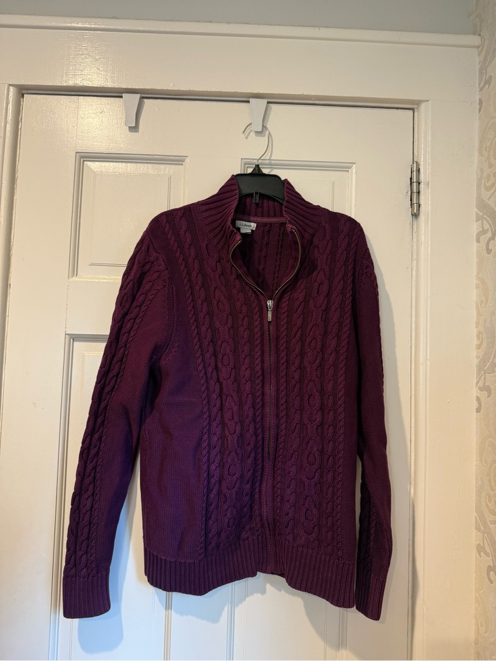 L.L. Bean Plum Cable-Knit Zip Cardigan